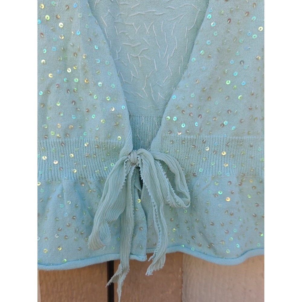 Vintage Cottage Core Coquette Sequin Cardigan Mint Green Peplum Fairy Garden - Picture 4 of 5